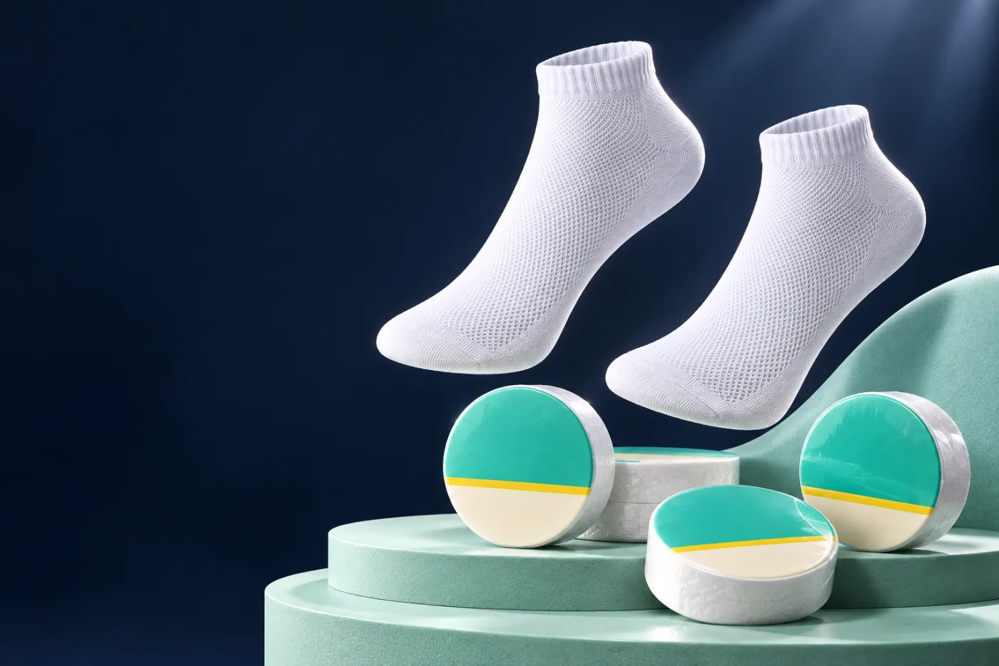 White disposable socks and compact packs in a navy studio